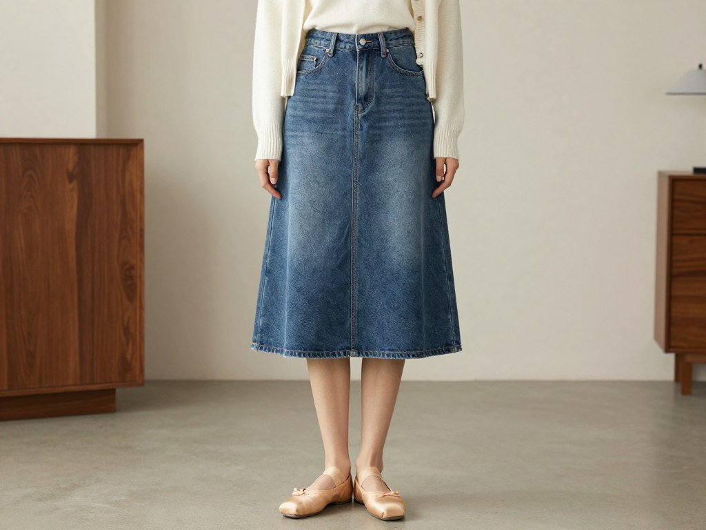 Woman wearing a jean skirt with cardigan and ballet flats