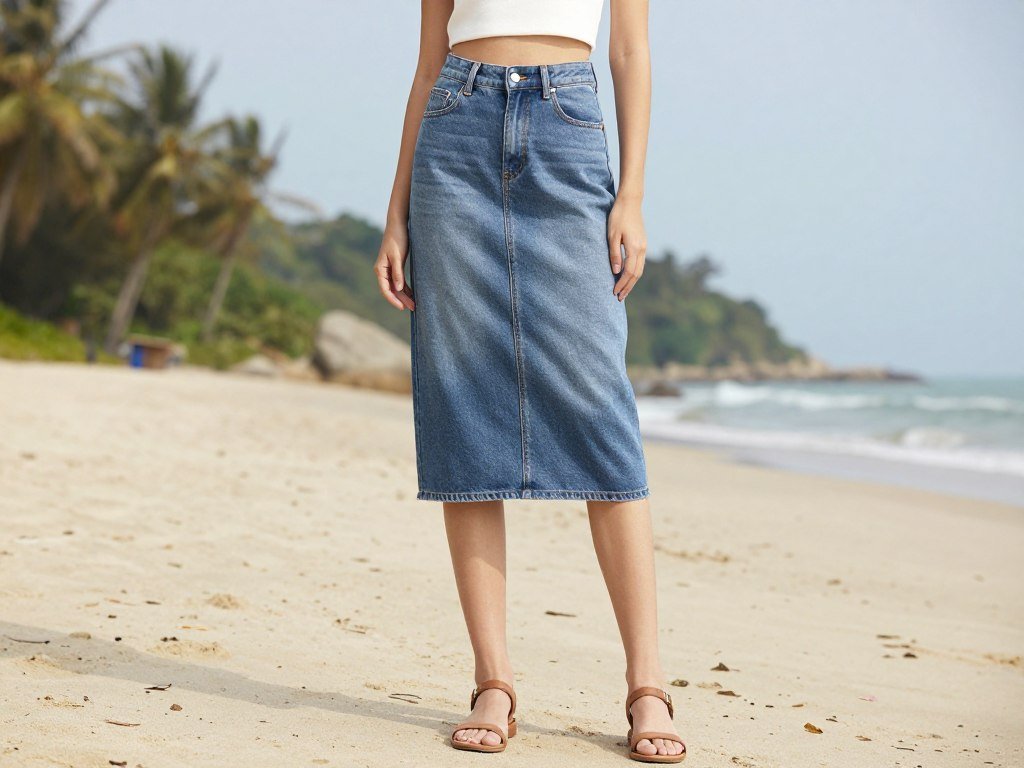 Woman wearing a jean skirt with crop top and sandals in summer beach setting