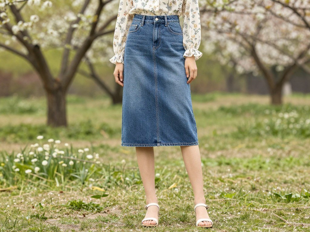 Woman wearing a jean skirt with floral blouse and sandals in spring setting