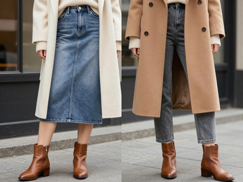Woman wearing a jean skirt with monochromatic top layers and statement boots for fall