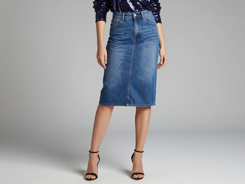 Woman wearing a jean skirt with sequin top and heels