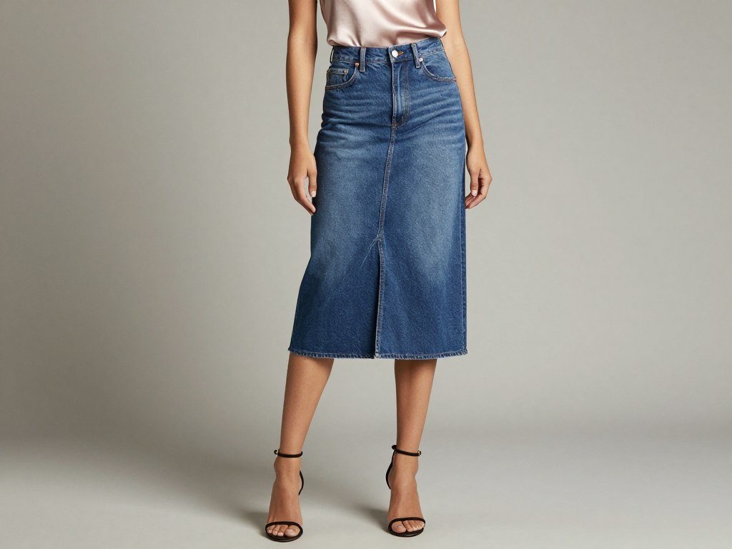 Woman wearing a jean skirt with silk camisole and strappy heels