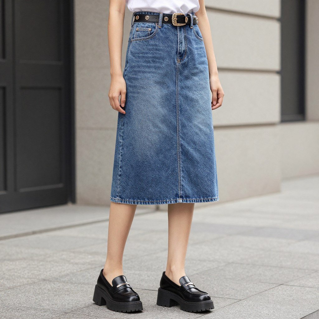 Woman wearing a jean skirt with statement belt and chunky loafers