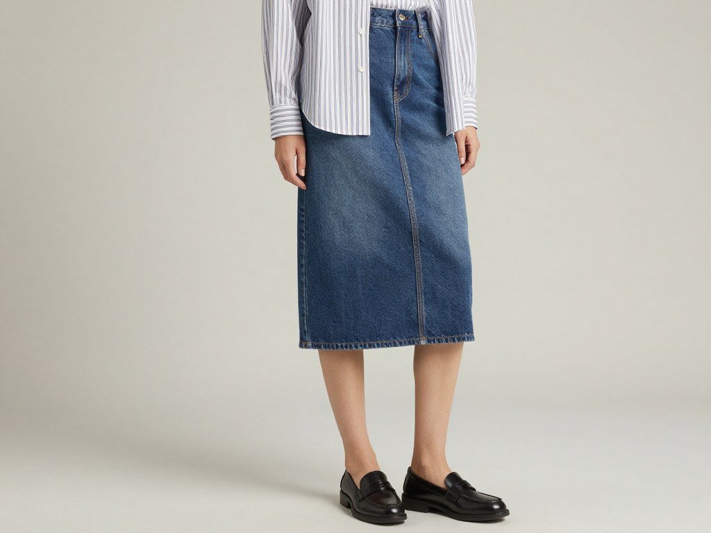 Woman wearing a jean skirt with striped button-down and loafers