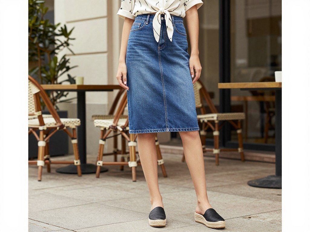 Woman wearing a jean skirt with tie-front shirt and espadrilles in summer
