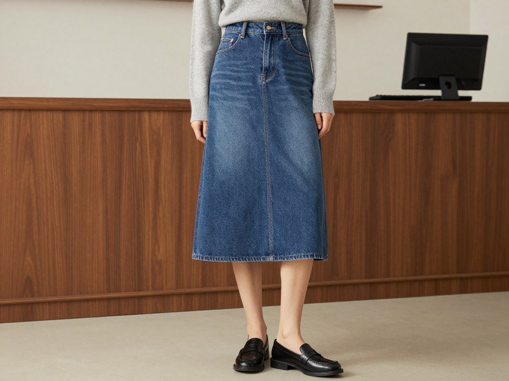Woman wearing a jean skirt with turtleneck sweater and loafers
