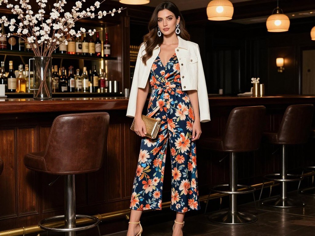 Woman wearing a jumpsuit with a cropped jacket and heels - cute spring date night outfit