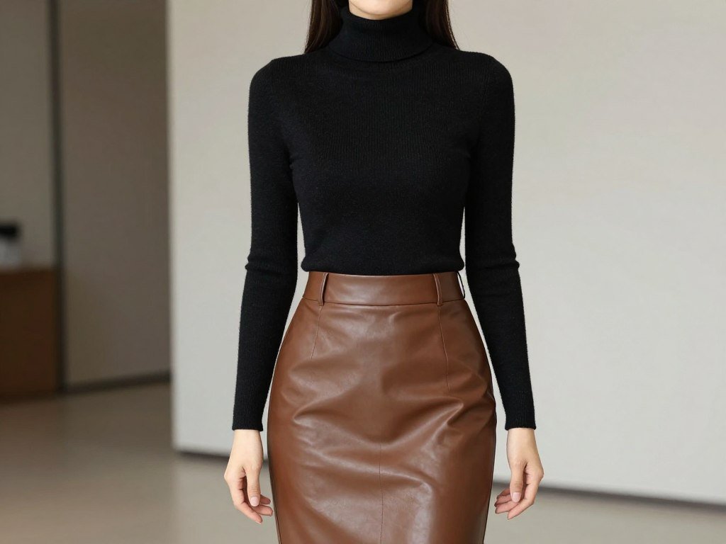 Woman wearing a leather midi skirt with a fitted turtleneck