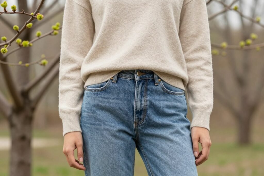 Woman wearing a light cotton sweater with jeans for an early spring day