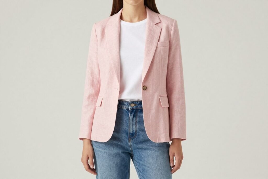 Woman wearing a light pink blazer with jeans for a polished early spring look