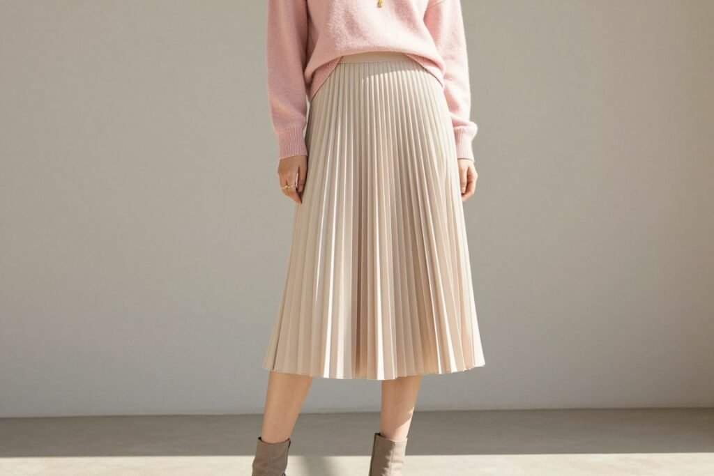 Woman wearing a light sweater with midi skirt for early spring