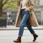 Woman wearing a light trench coat over a sweater with jeans and ankle boots - perfect early spring outfit