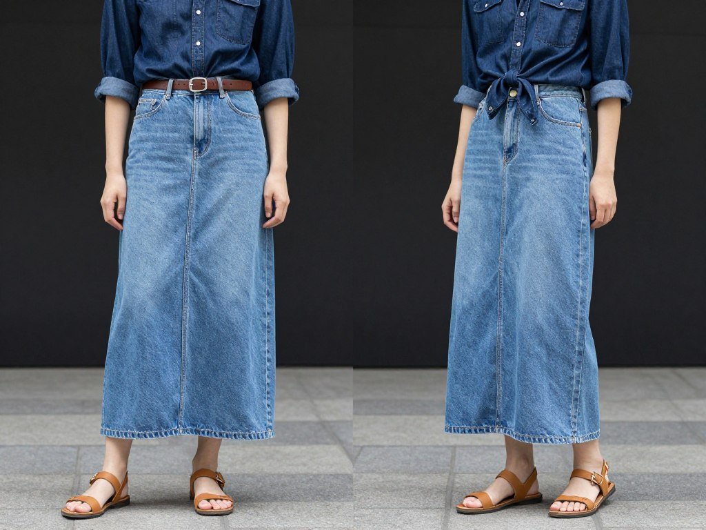 Woman wearing a light wash denim maxi skirt with a contrasting dark denim shirt tied at the waist