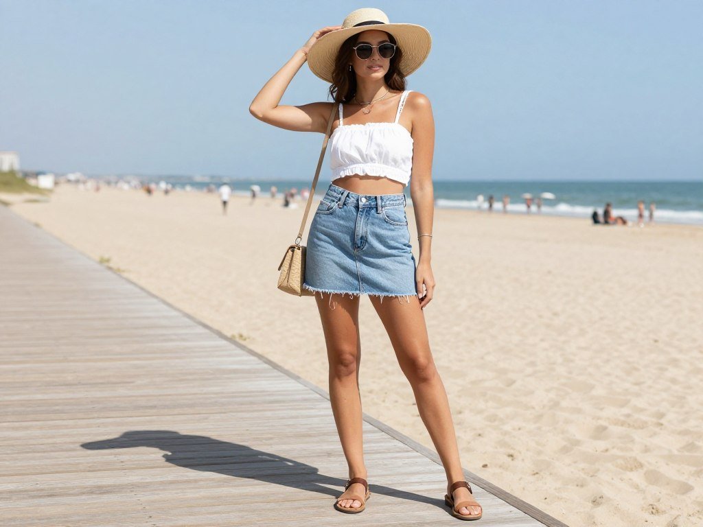 Woman wearing a light wash jean skirt with a crop top and sandals for summer