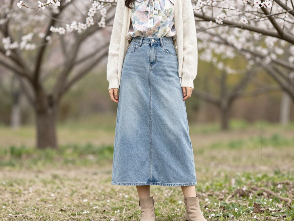 Woman wearing a light wash maxi jean skirt with a floral blouse and cardigan in a spring garden setting