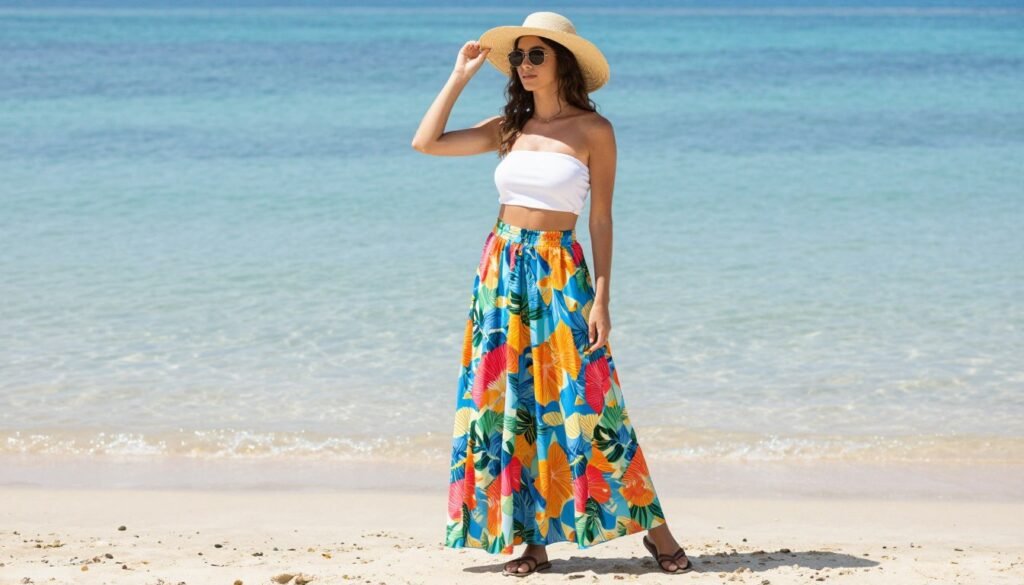 Woman wearing a lightweight printed long skirt with a bandeau top and straw hat for a beach-ready long skirt outfit