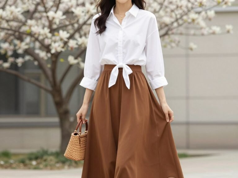 Woman wearing a long brown skirt with a white blouse and floral accessories for spring