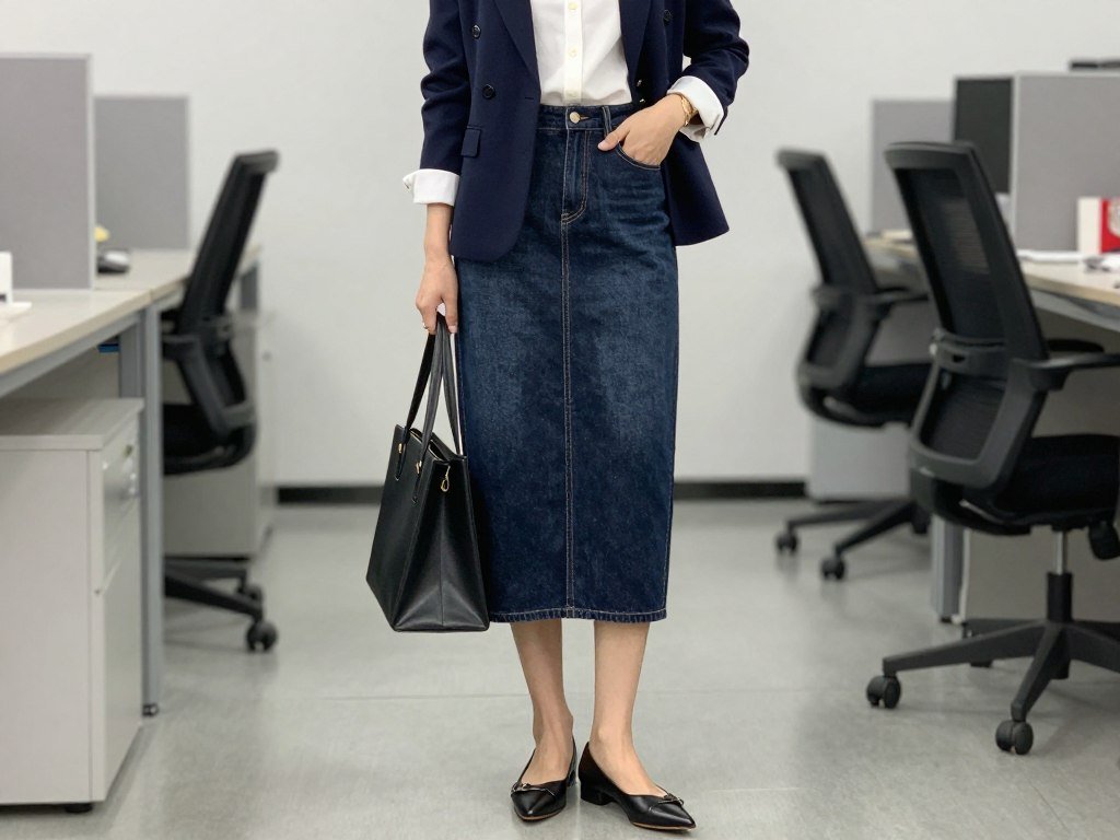 Woman wearing a long denim skirt styled for office with blazer and blouse