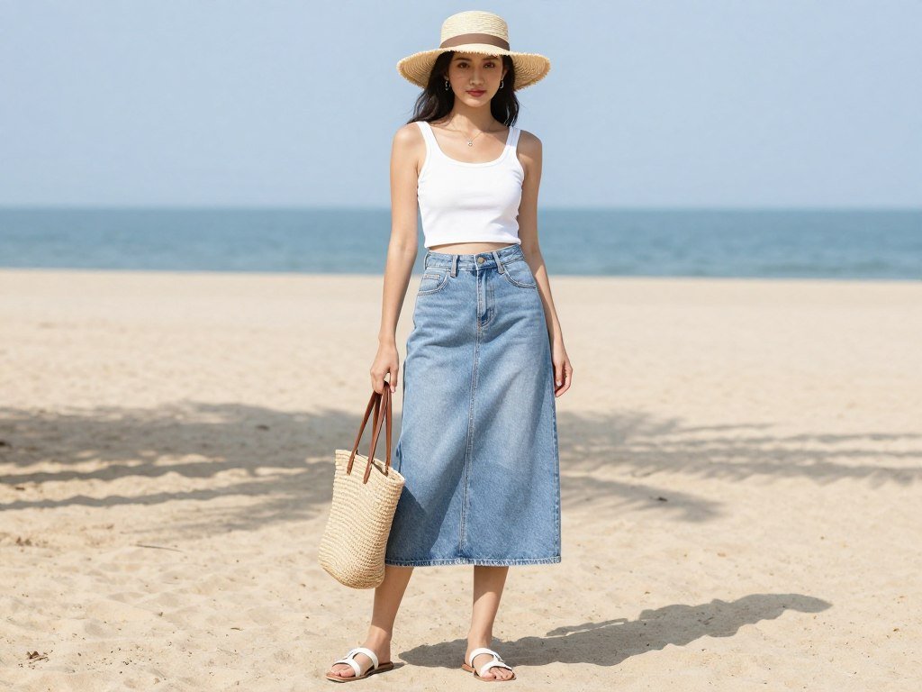 Woman wearing a long denim skirt with a crop top and sandals for a summer outfit
