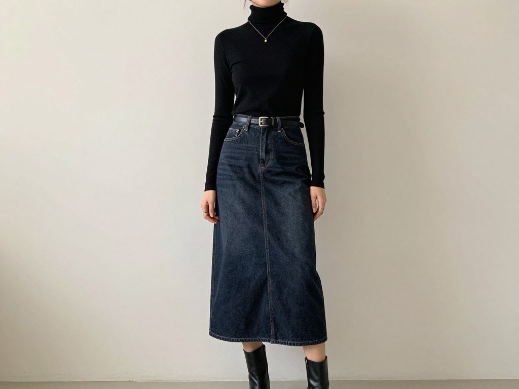 Woman wearing a long denim skirt with a fitted black turtleneck and ankle boots for an elevated casual look