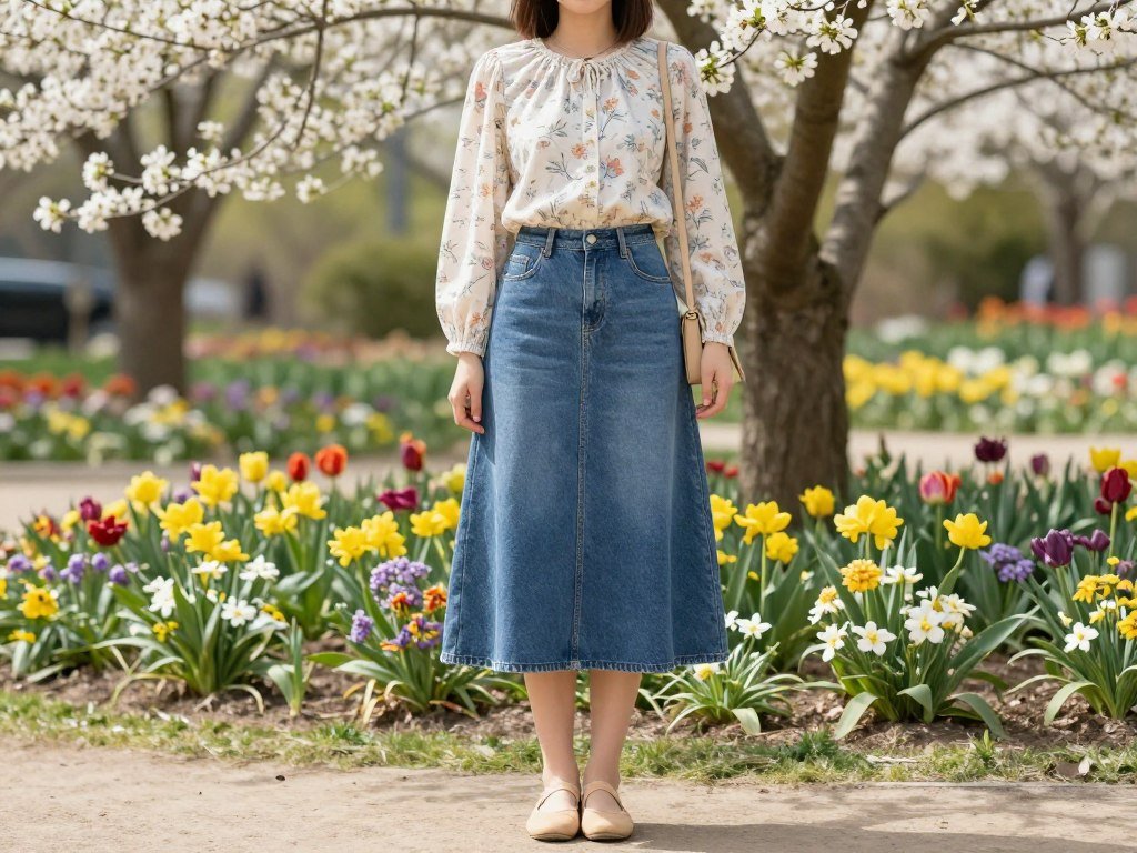 Woman wearing a long denim skirt with a floral blouse and ballet flats for a spring outfit