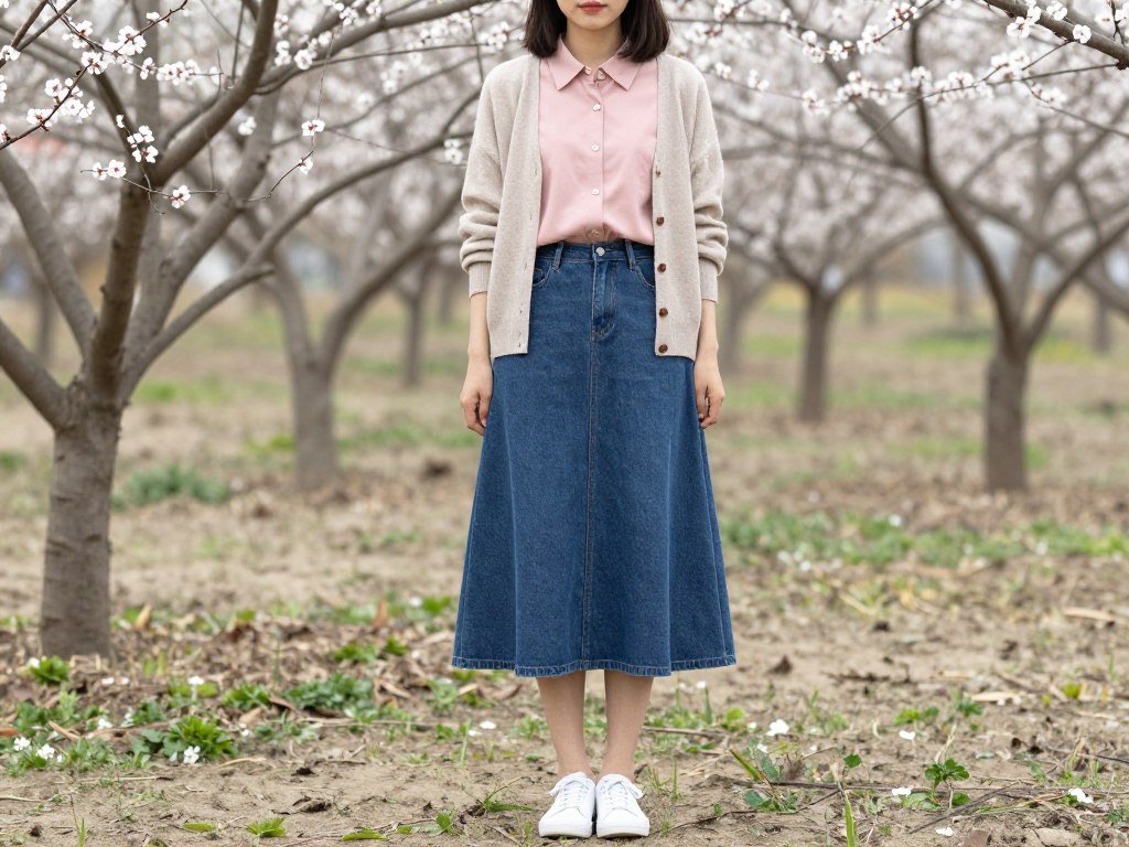 Woman wearing a long denim skirt with a pastel blouse and light cardigan for spring