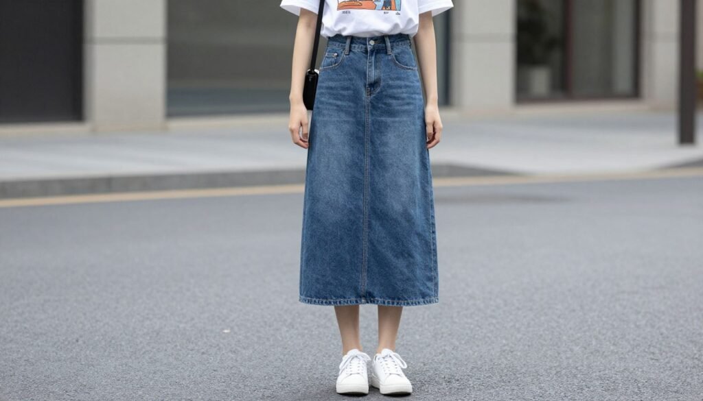 Woman wearing a long denim skirt with a tucked-in graphic tee and white sneakers for a casual weekend long skirt outfit