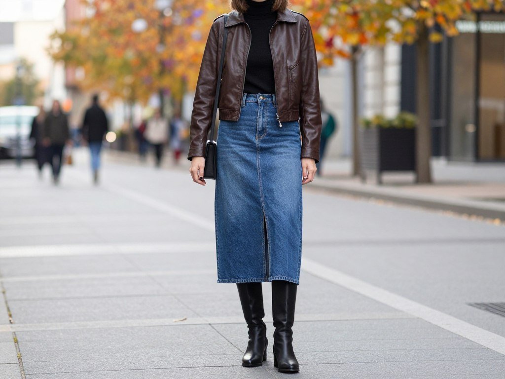 Woman wearing a long denim skirt with a turtleneck and leather jacket for fall