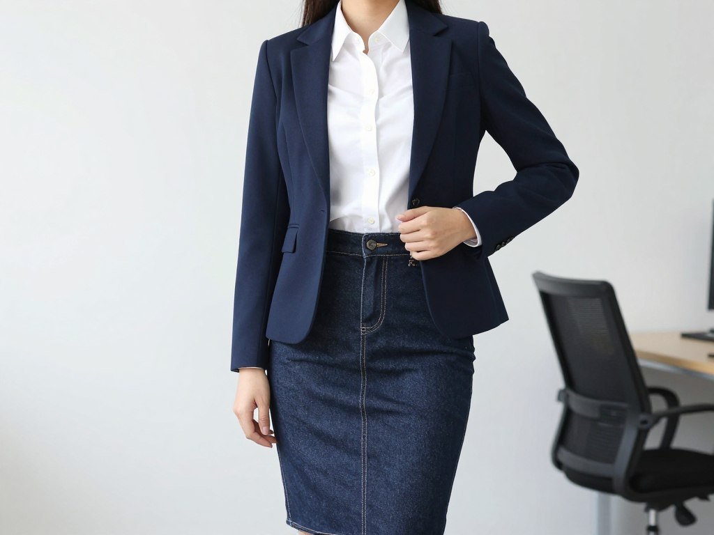 Woman wearing a long jean skirt with a blazer and button-down shirt for office wear