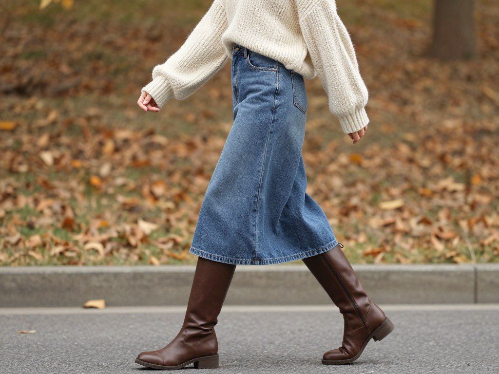 Woman wearing a long jean skirt with a chunky sweater and boots for fall