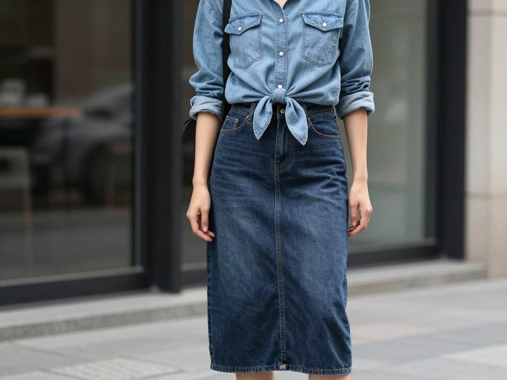 Woman wearing a long jean skirt with a contrasting denim top