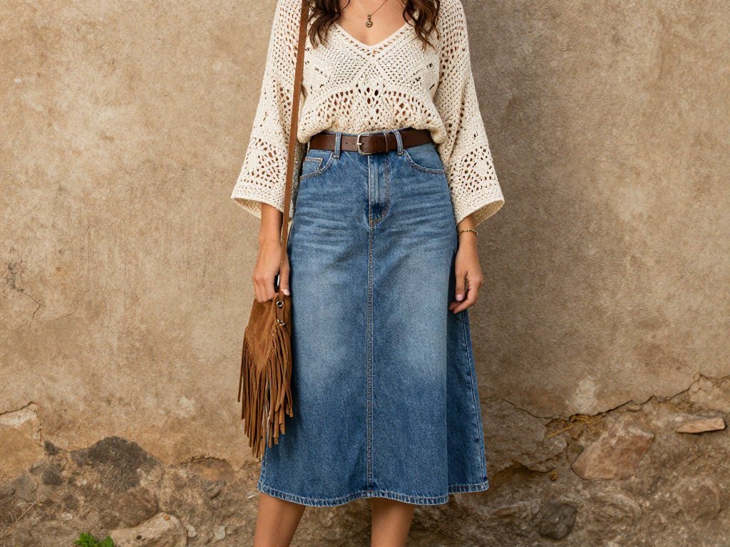 Woman wearing a long jean skirt with a crochet top and fringe bag