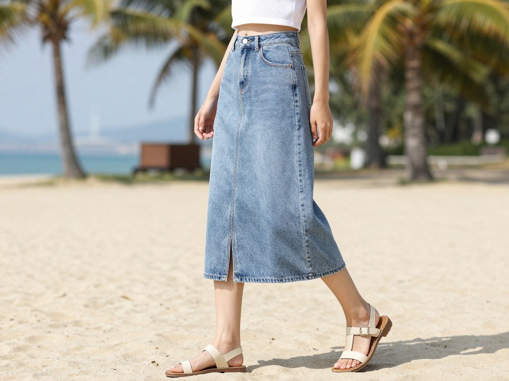 Woman wearing a long jean skirt with a crop top and sandals for summer