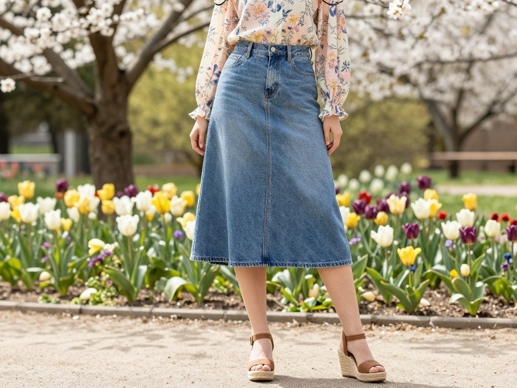 Woman wearing a long jean skirt with a floral blouse and espadrilles for spring
