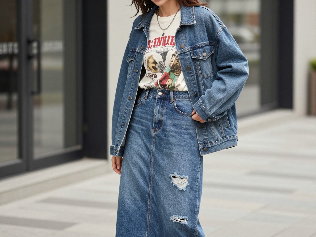 Woman wearing a long jean skirt with a graphic tee and denim jacket for weekend style