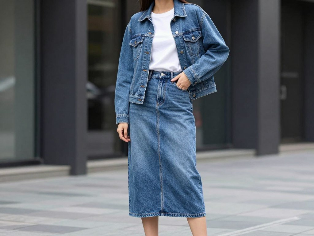 Woman wearing a long jean skirt with a matching denim jacket
