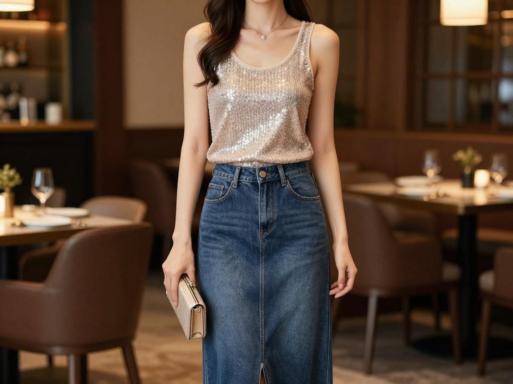 Woman wearing a long jean skirt with a sequin top and clutch for a night out