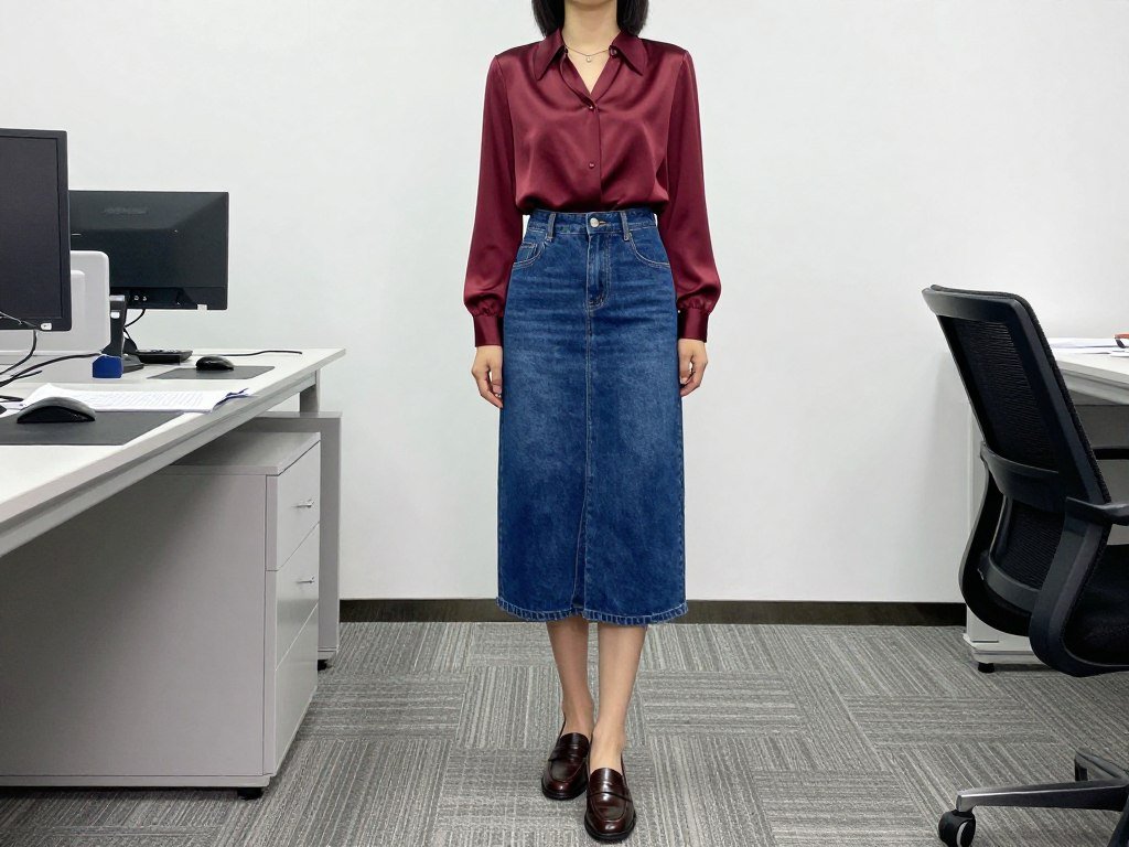 Woman wearing a long jean skirt with a silk blouse and loafers for a professional look