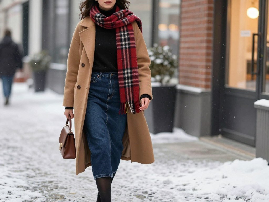 Woman wearing a long jean skirt with a turtleneck, coat and scarf for winter