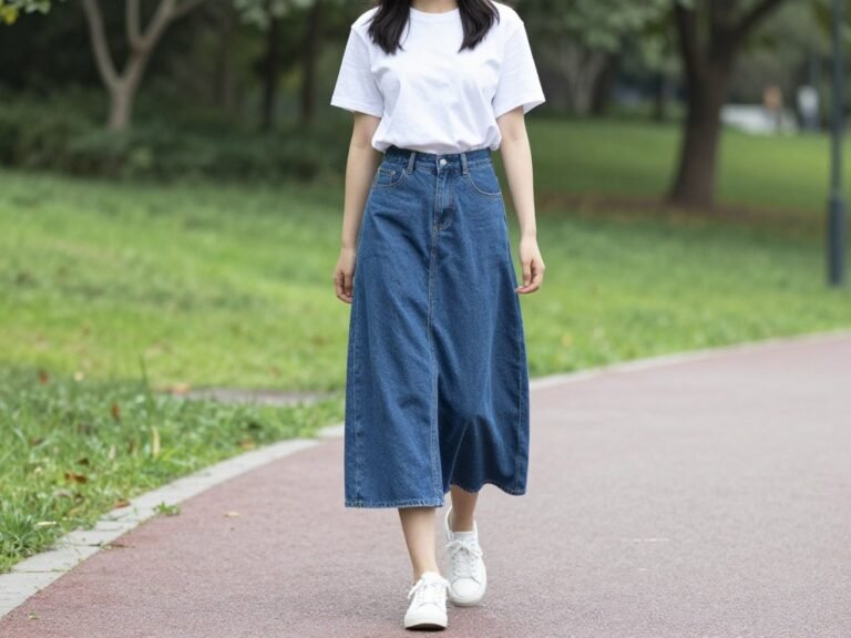 Woman wearing a long jean skirt with a white t-shirt and sneakers for a casual weekend look