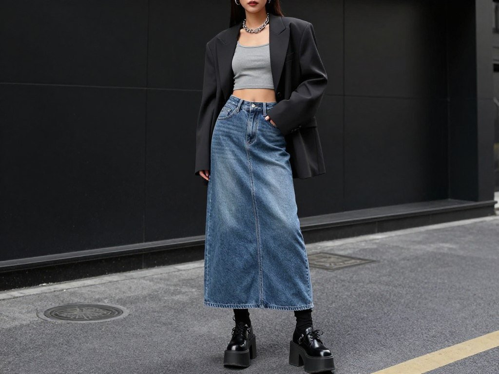 Woman wearing a long jean skirt with modern, trendy elements like a crop top, chunky jewelry, and platform shoes
