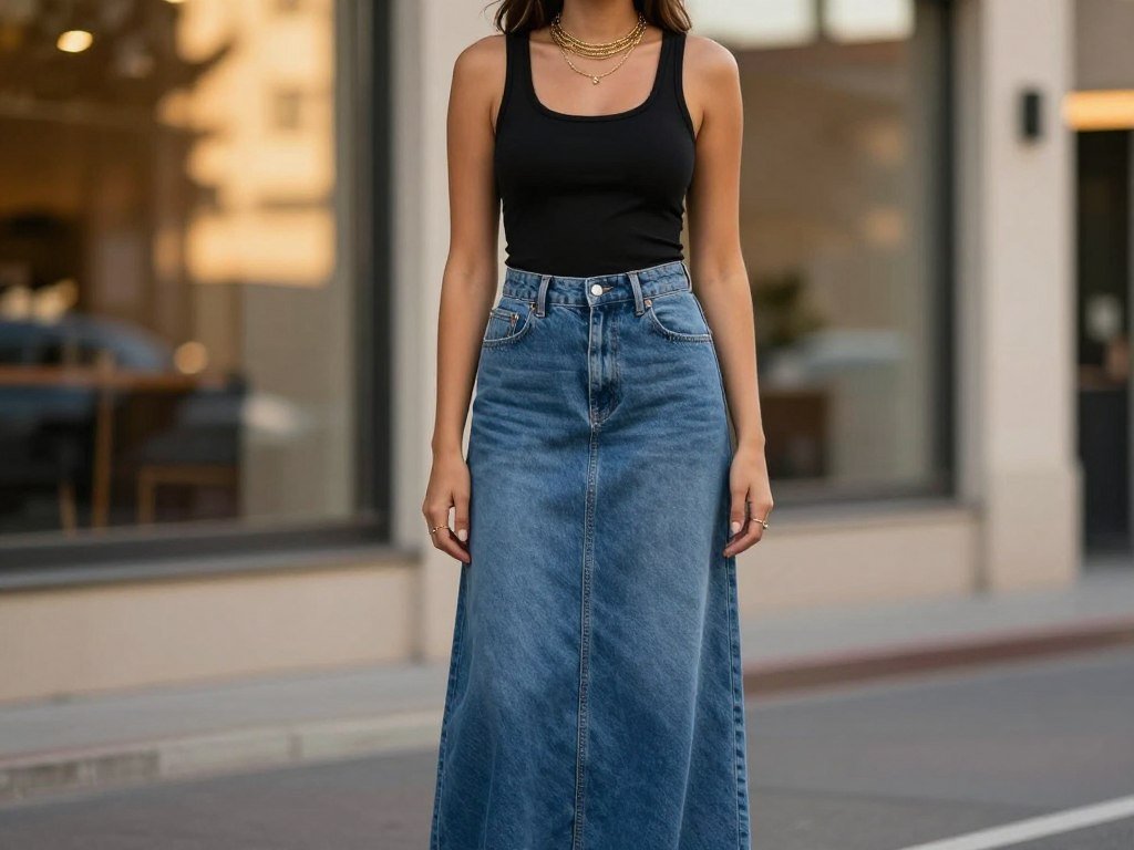 Woman wearing a long maxi denim skirt with a fitted tank top and layered necklaces in an urban setting