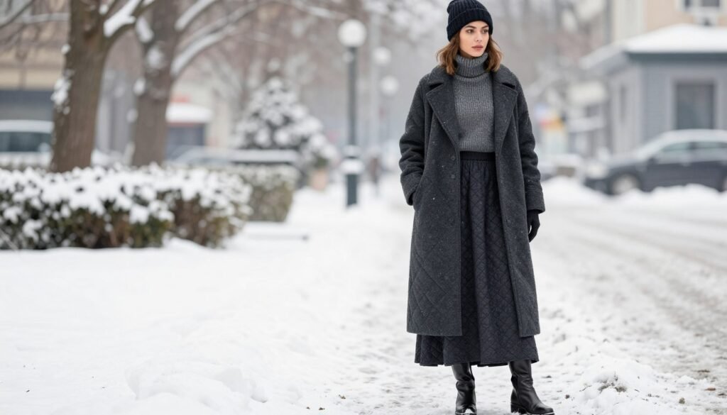 Woman wearing a long quilted skirt with a turtleneck sweater, long coat, and tall boots for a winter long skirt outfit