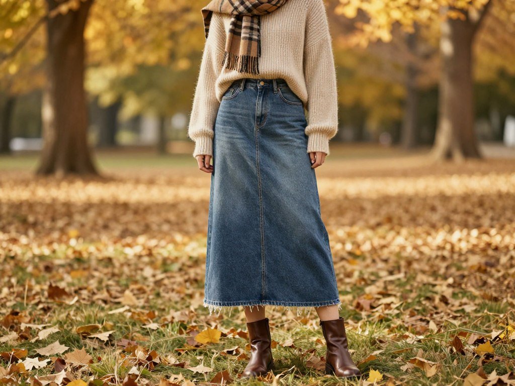 Woman wearing a maxi jean skirt with a chunky sweater, scarf, and boots in a fall setting