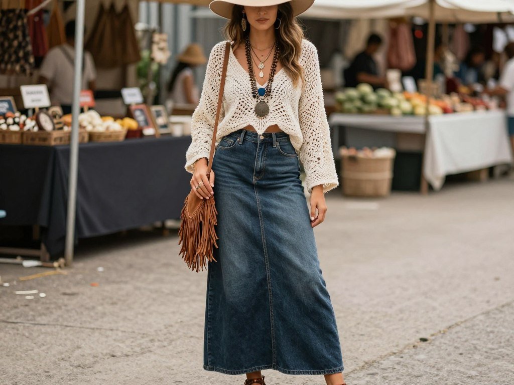 Woman wearing a maxi jean skirt with a crochet top, layered jewelry, and a fringed bag at an outdoor market