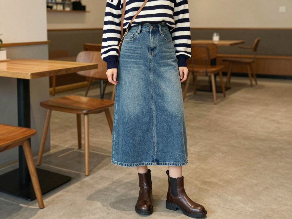 Woman wearing a maxi jean skirt with a striped sweater and ankle boots at a cafe