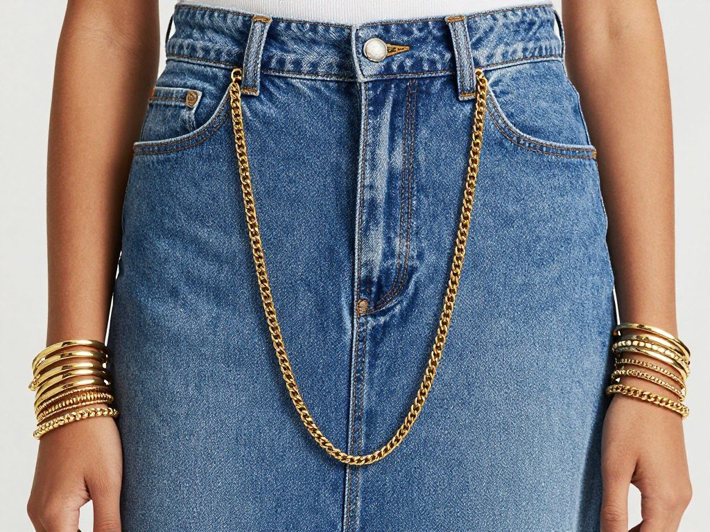 Woman wearing a maxi jean skirt with layered necklaces, stacked bracelets, and statement earrings