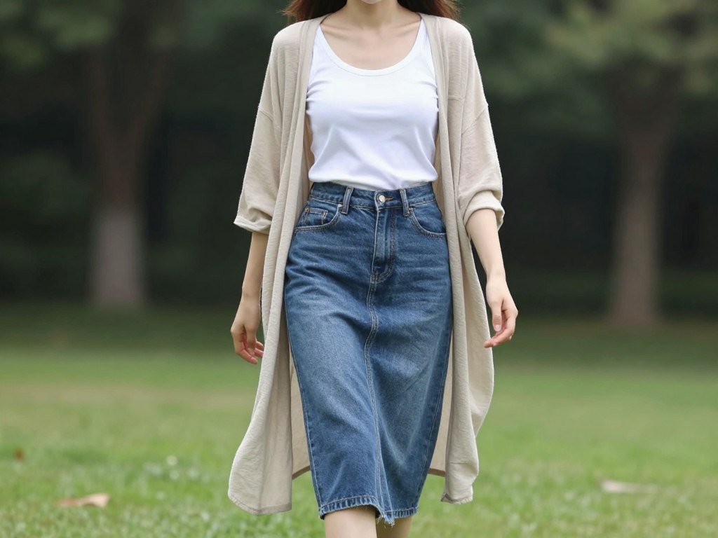 Woman wearing a midi denim skirt with a fitted tank top and draped cardigan walking in a park