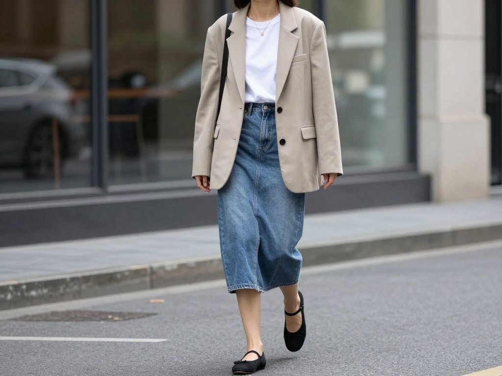 Woman wearing a midi jean skirt with a beige blazer and ballet flats