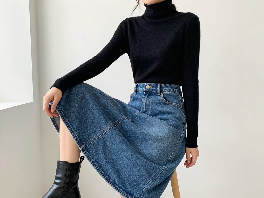 Woman wearing a midi jean skirt with a black turtleneck and ankle boots